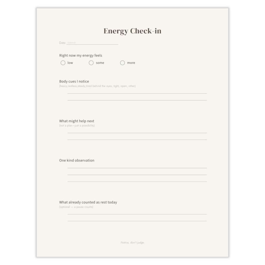 Energy Check-In page from Refill tracker with fields for current energy level, body cues noticed, what might help next, one kind observation, and what already counted as rest