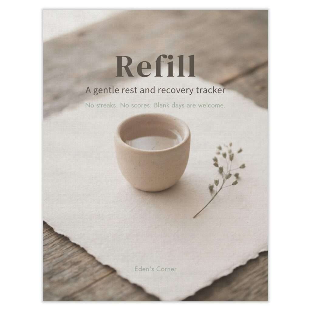 Refill tracker cover — a small ceramic cup of tea and a sprig of dried greenery on handmade paper, titled 'Refill: A gentle rest and recovery tracker. No streaks. No scores. Blank days are welcome.'