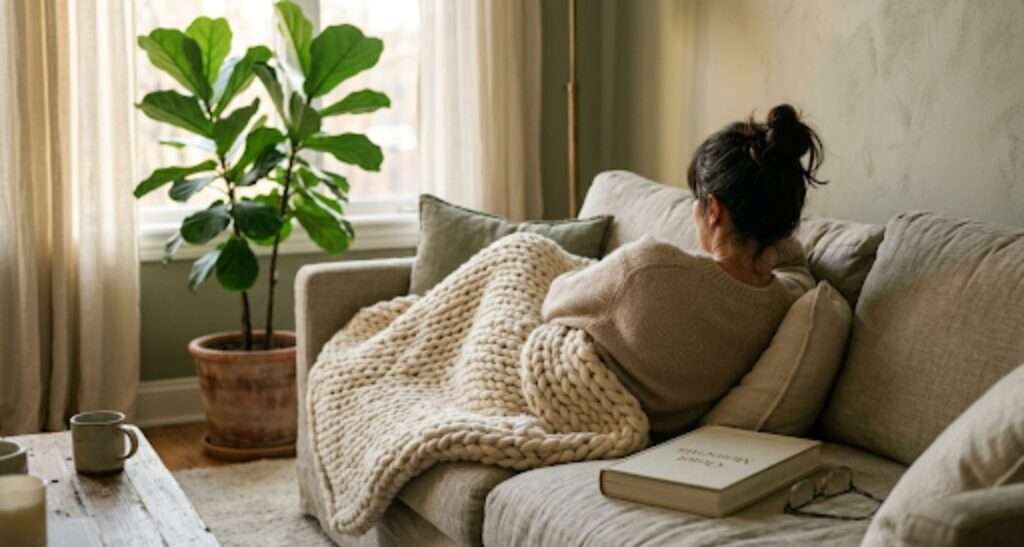 Person resting peacefully to support nervous system regulation, with a plant and window light in the background