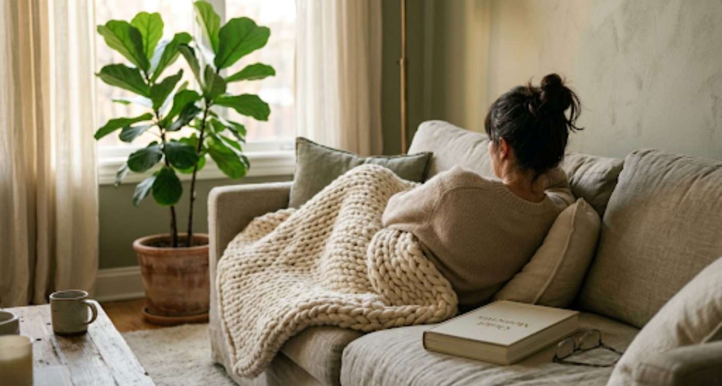 Person resting peacefully to support nervous system regulation, with a plant and window light in the background