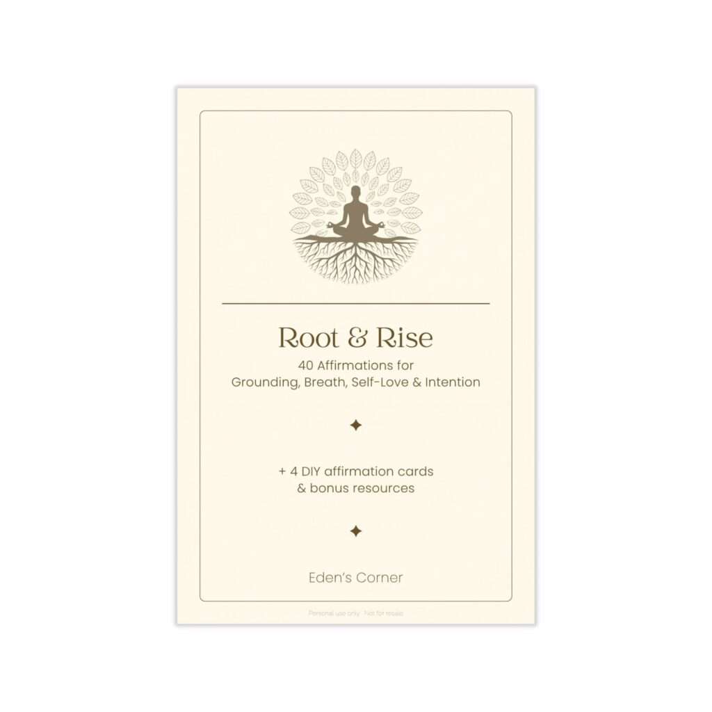 Root & Rise affirmation cards cover featuring a meditating figure silhouette rooted into a tree of leaves, subtitled "40 Affirmations for Grounding, Breath, Self-Love & Intention."