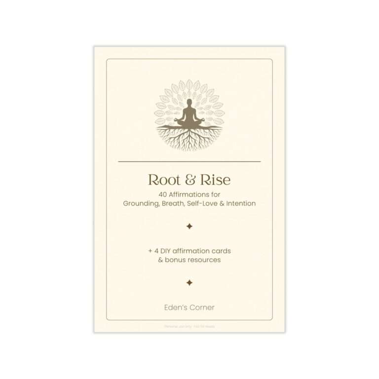 Root & Rise affirmation cards cover featuring a meditating figure silhouette rooted into a tree of leaves, subtitled "40 Affirmations for Grounding, Breath, Self-Love & Intention."