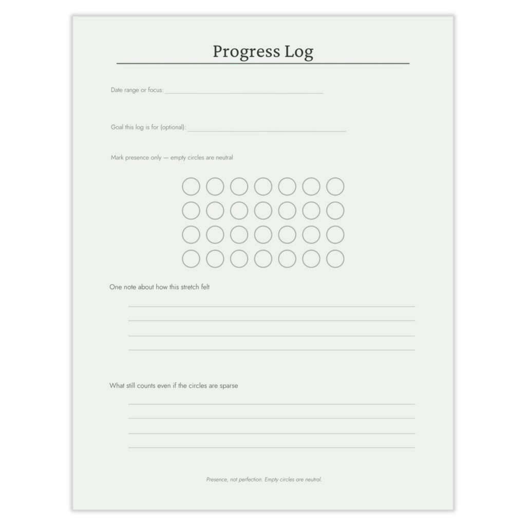 Progress Log page with a grid of blank circles to mark presence, plus notes on how the stretch felt.