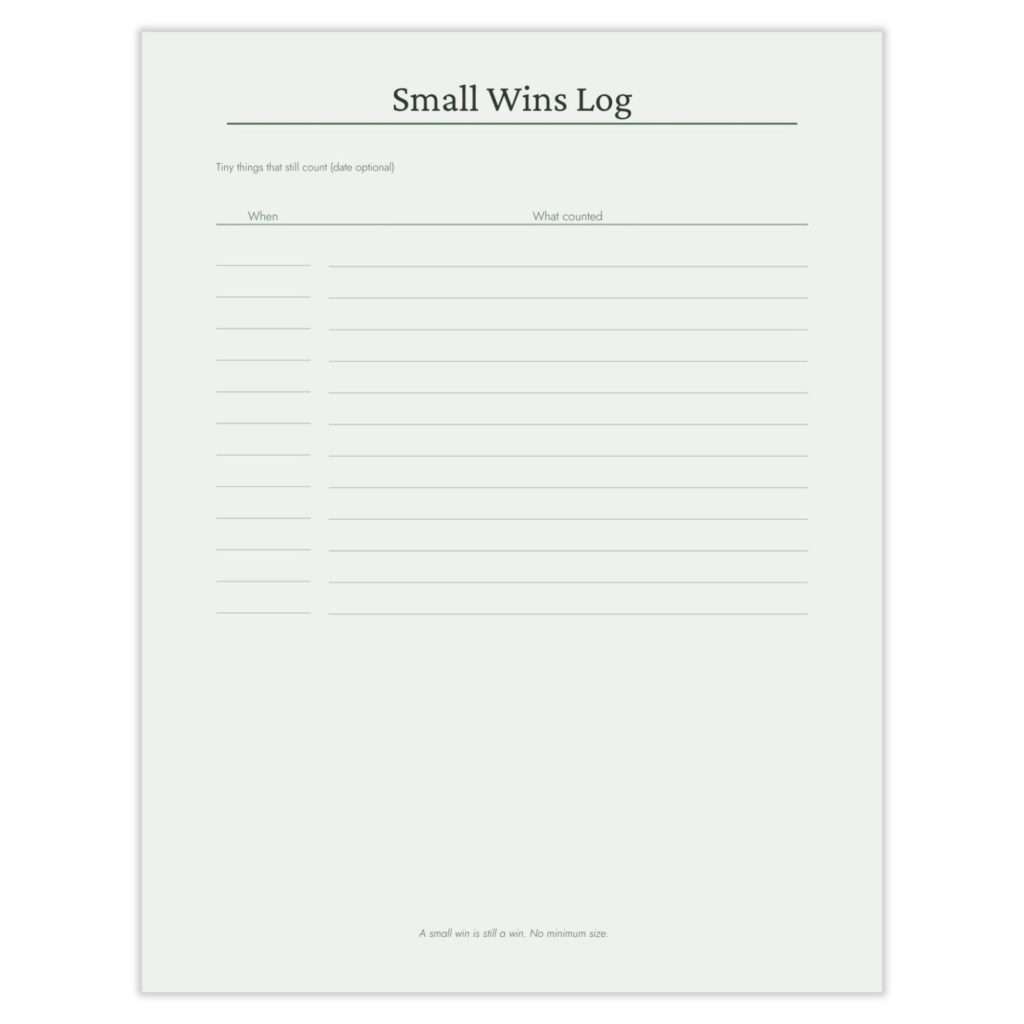 Small Wins Log page, a two-column table for noting small wins by date.