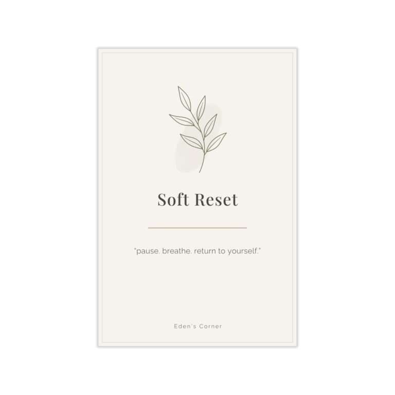 Soft Reset self-care reset cards cover featuring a line-drawn leaf sprig illustration, subtitled 'pause. breathe. return to yourself.