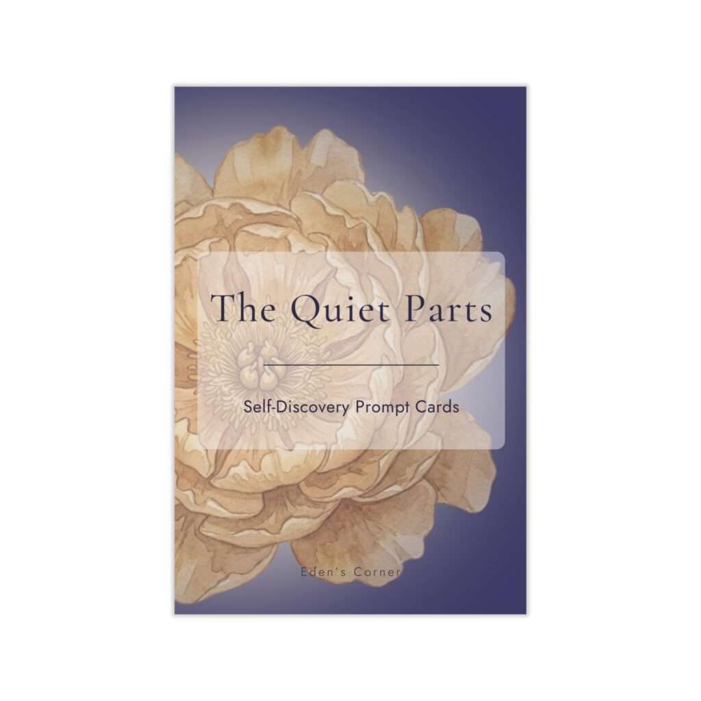 The Quiet Parts self-discovery prompt cards cover featuring a large watercolor peony bloom on a deep indigo background.