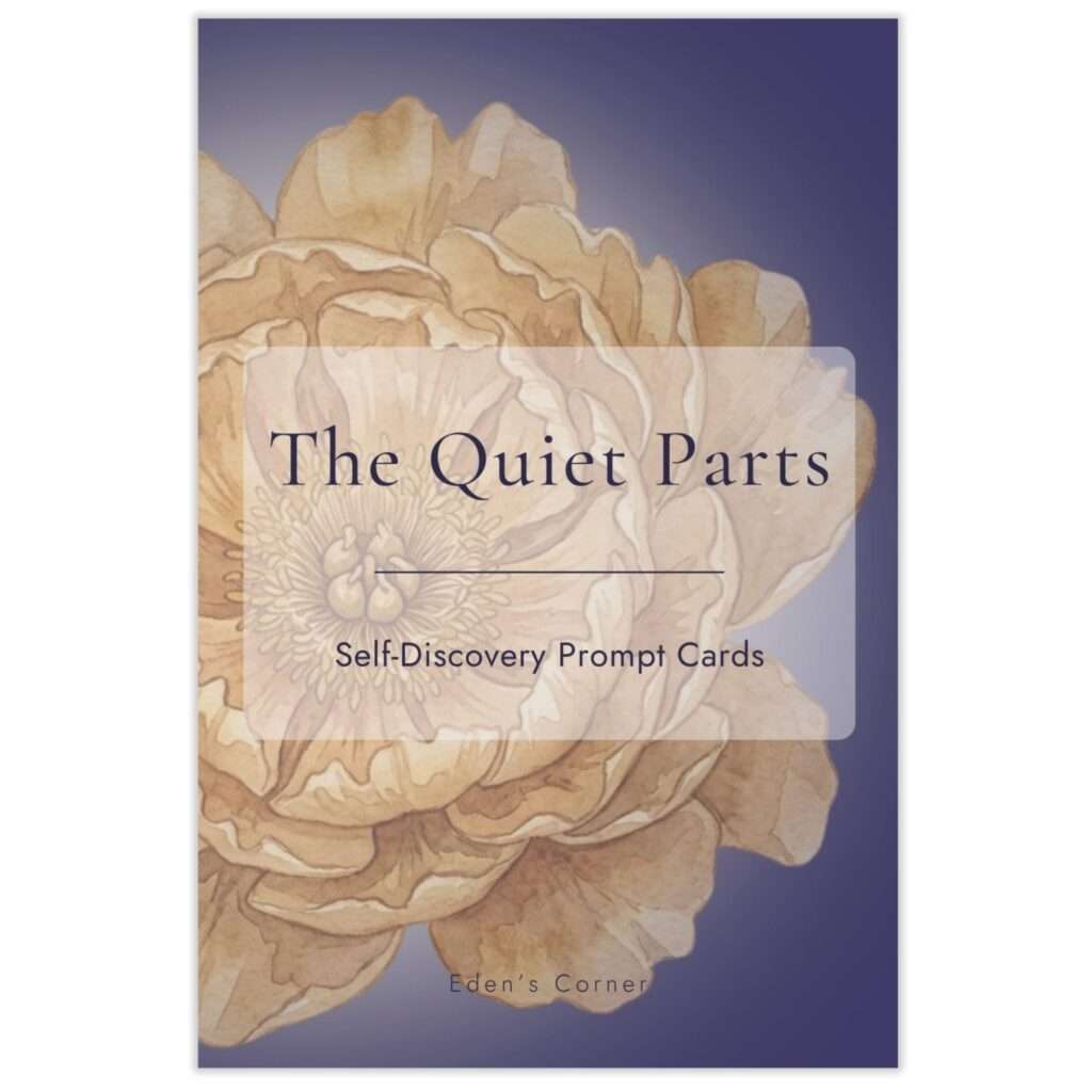 The Quiet Parts shadow work prompt card deck cover with dusty blue peony watercolor and navy title text