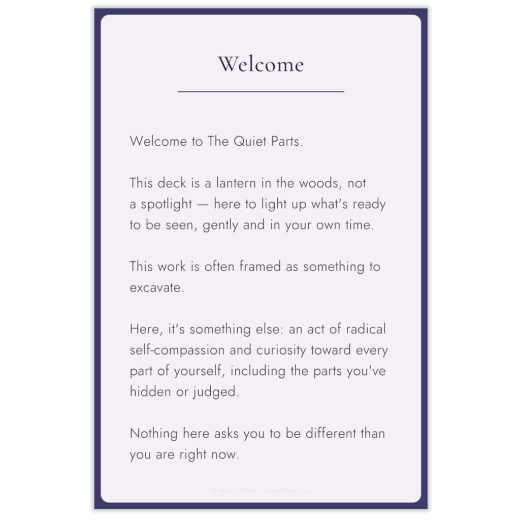 Welcome card from The Quiet Parts deck introducing the self-compassion practice on a soft lavender background