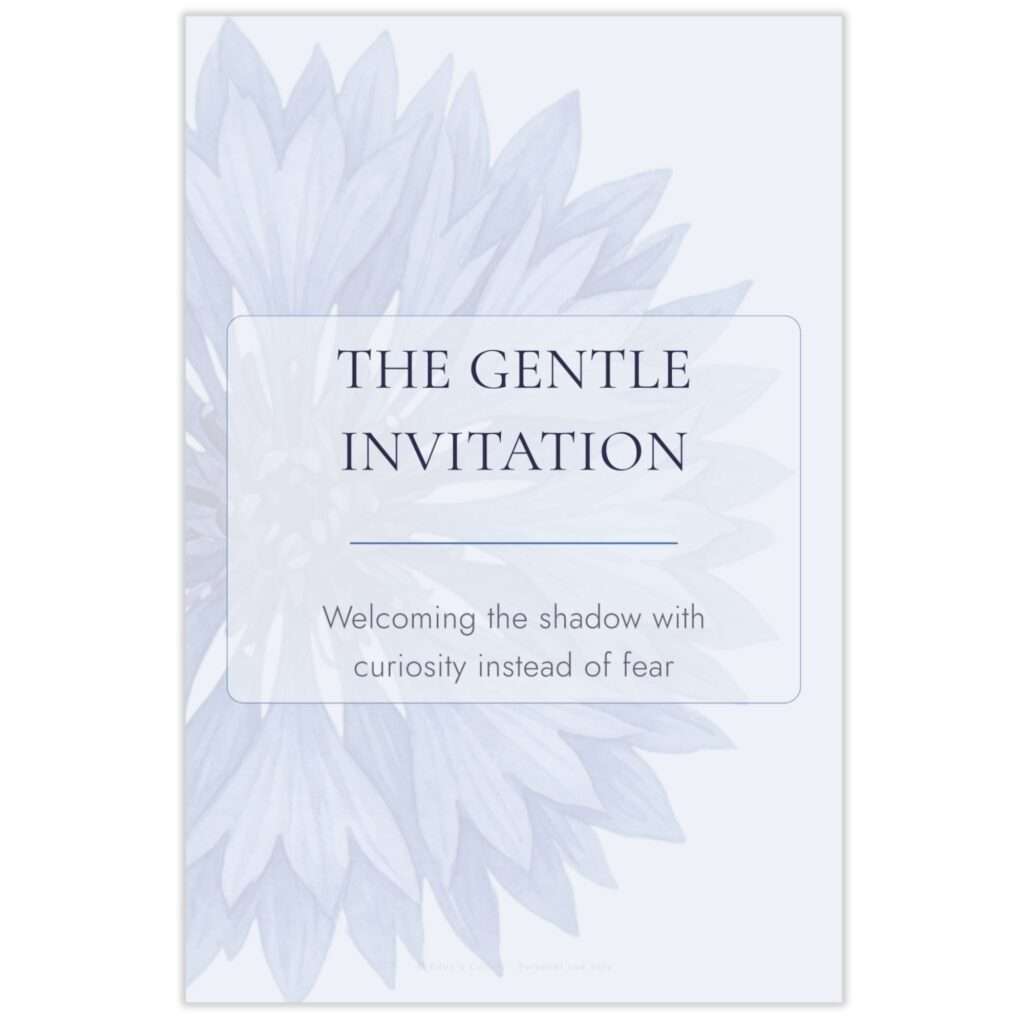 The Gentle Invitation section divider card with cornflower watercolor, introducing shadow work prompts with curiosity