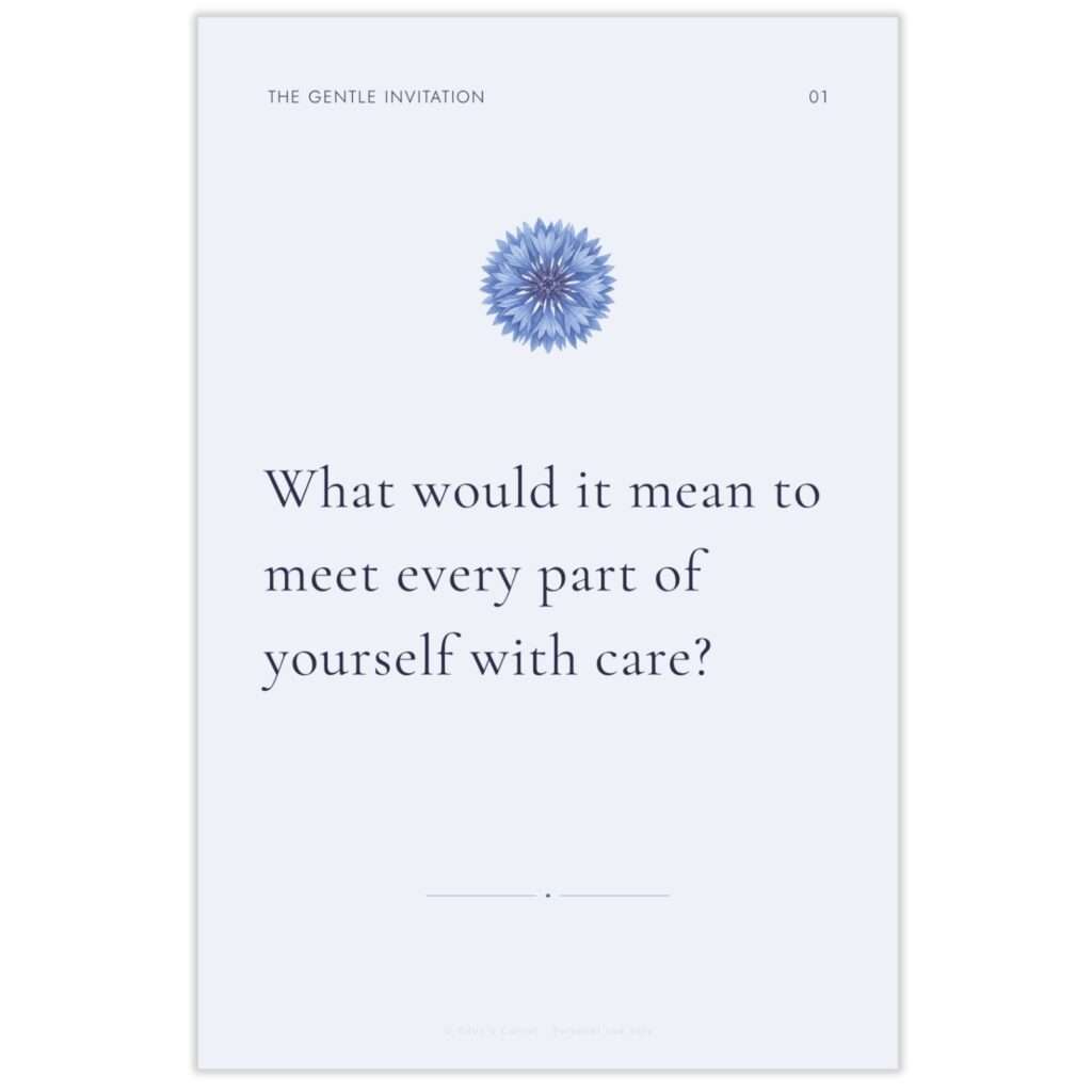 Sample shadow work prompt card asking 'What would it mean to meet every part of yourself with care?' on lavender background