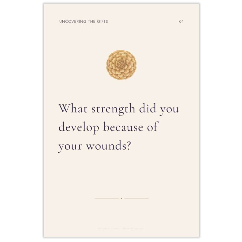 Sample shadow work prompt card asking 'What strength did you develop because of your wounds?' on cream background