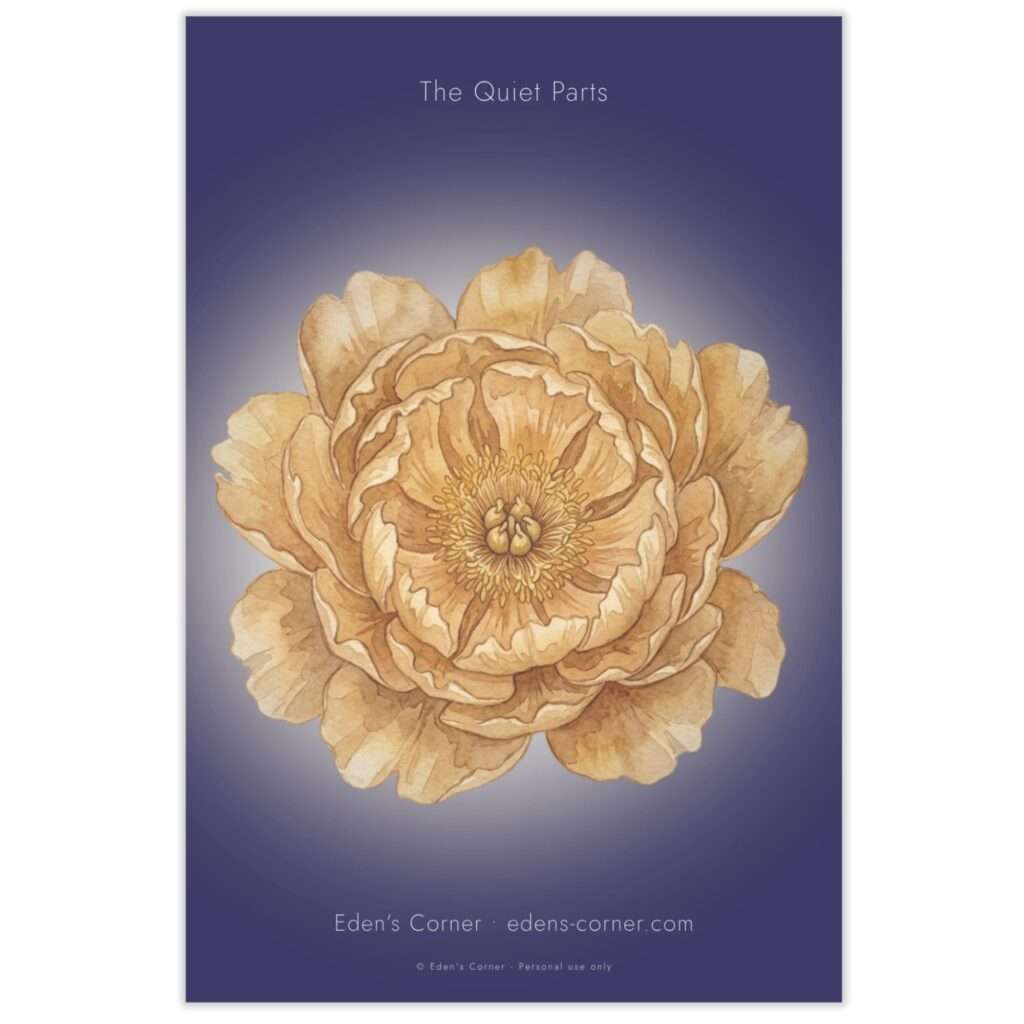 The Quiet Parts card back design with gold peony watercolor on navy background and Eden's Corner branding