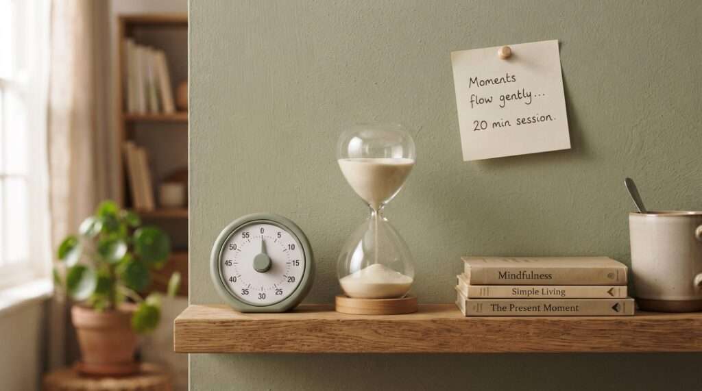 Time blindness — a shelf of gentle time-keepers: a sage-colored visual timer, a small hourglass mid-flow, and a sticky note, making time visible instead of just written down.