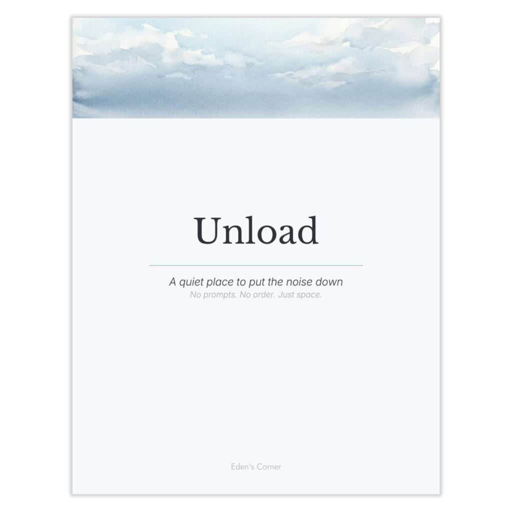 Unload journal cover with a soft watercolor cloud sky. Tagline: 'A quiet place to put the noise down. No prompts. No order. Just space.' Eden's Corner.