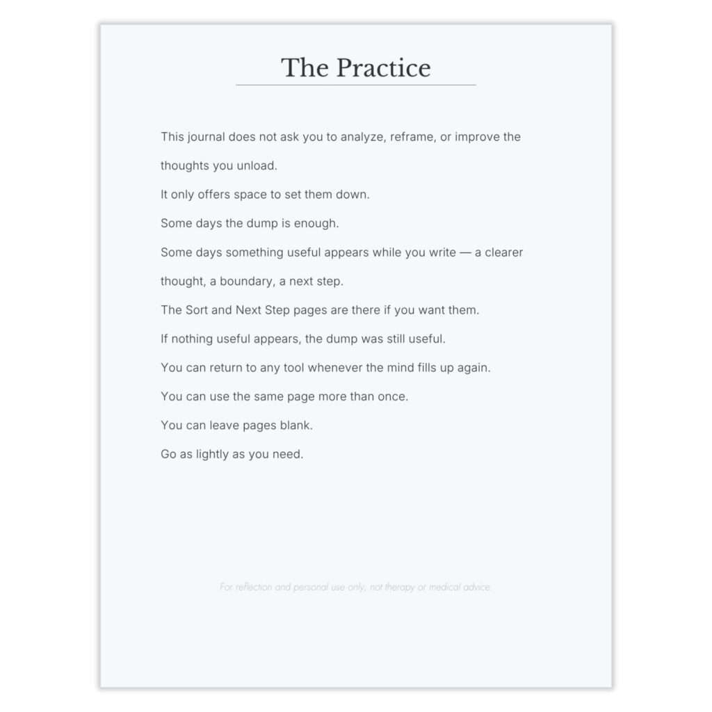 'The Practice' page describing how to use the journal — dump freely, sort or take a step only if it helps, go as lightly as needed.