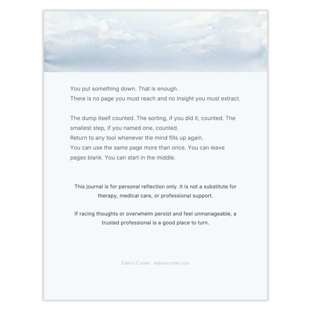 Closing page reassuring the reader that unloading is enough, with a note on professional support, cloud watercolor art, and Eden's Corner branding.