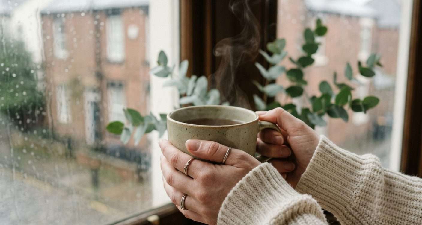 Soft, calming self-care scene of tea and a candle for moments of care when you're overwhelmed