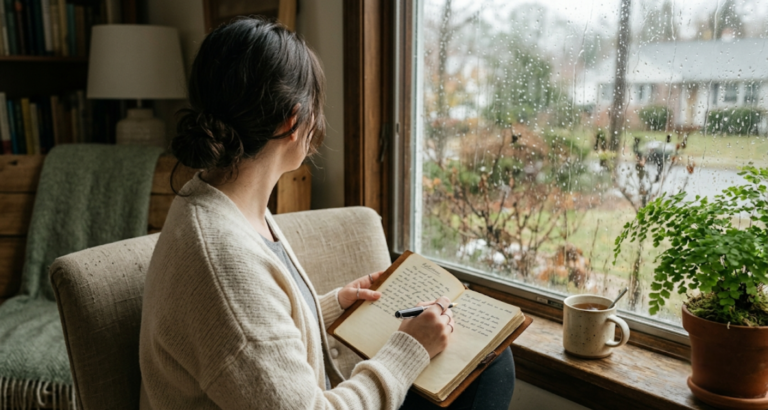 Person sitting quietly by a rain-streaked window with a bookshelf and lamp, writing through racing thoughts