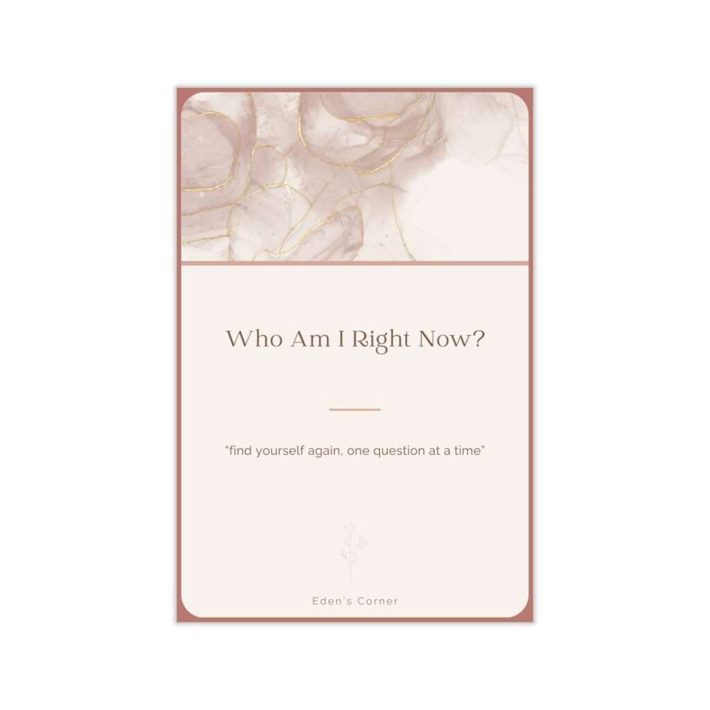 Who Am I Right Now? journal prompt cards cover featuring a rose-gold marbled watercolor design, with the quote "find yourself again, one question at a time."