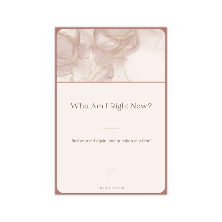 Who Am I Right Now? identity journal prompt cards cover featuring a rose-gold marbled watercolor design, with the quote "find yourself again, one question at a time."