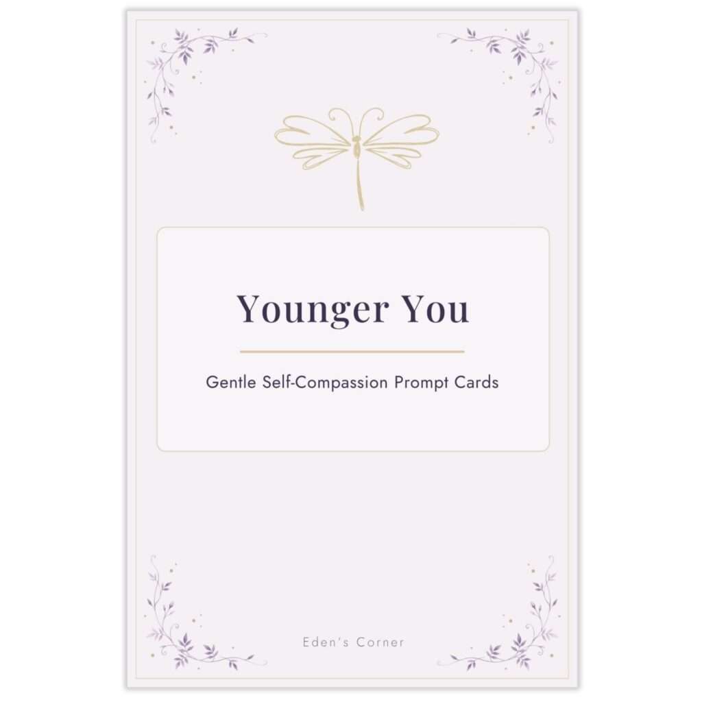 Younger You self-compassion prompt cards cover featuring a gold dragonfly line illustration with purple floral corner accents, subtitled 'Gentle Self-Compassion Prompt Cards'