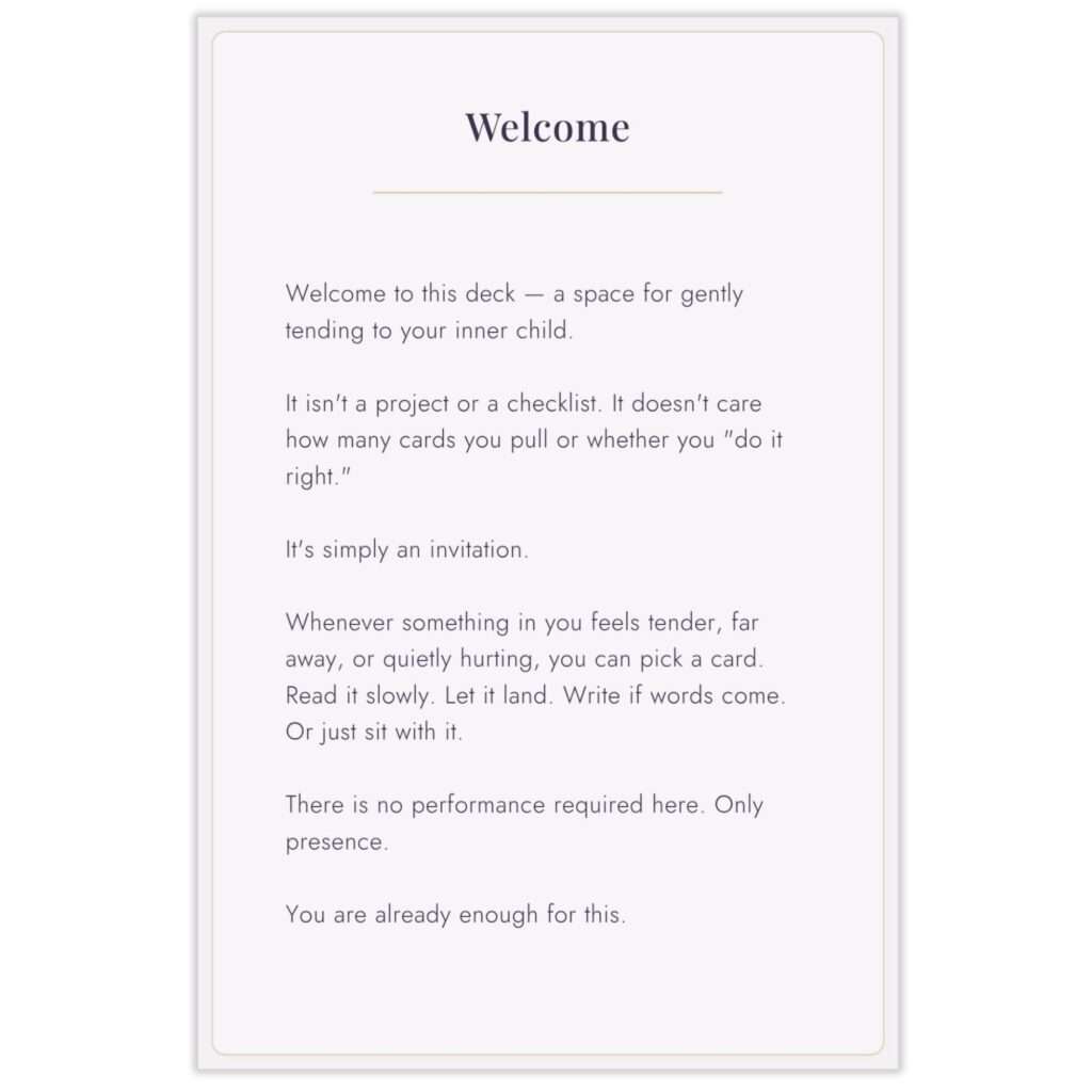 Welcome card from Younger You, describing the deck as a gentle space for tending to your inner child with no performance required