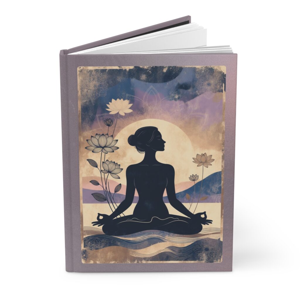 Moonlit Pause Meditation Journal opened to show the lined pages and sewn binding