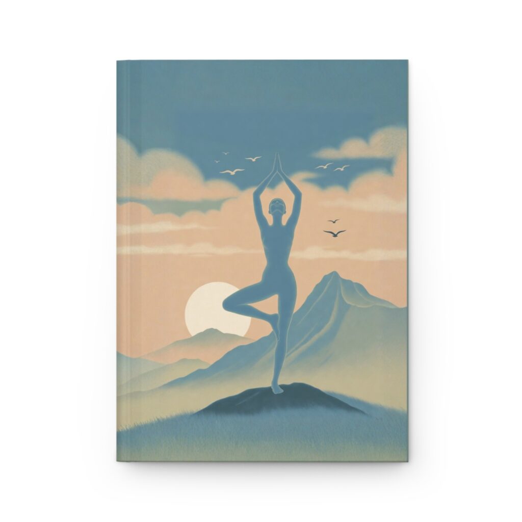 Morning Stillness Yoga Journal front cover with sunrise mountain and yoga silhouette artwork