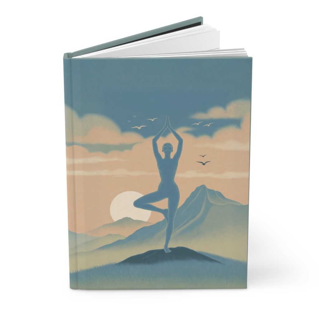 Morning Stillness Yoga Journal opened to show the lined pages and sewn binding
