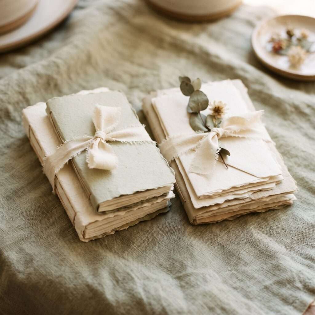 Two small handmade paper bundles tied with cream ribbon, one plain and one topped with a eucalyptus sprig and dried flower, resting on sage green linen