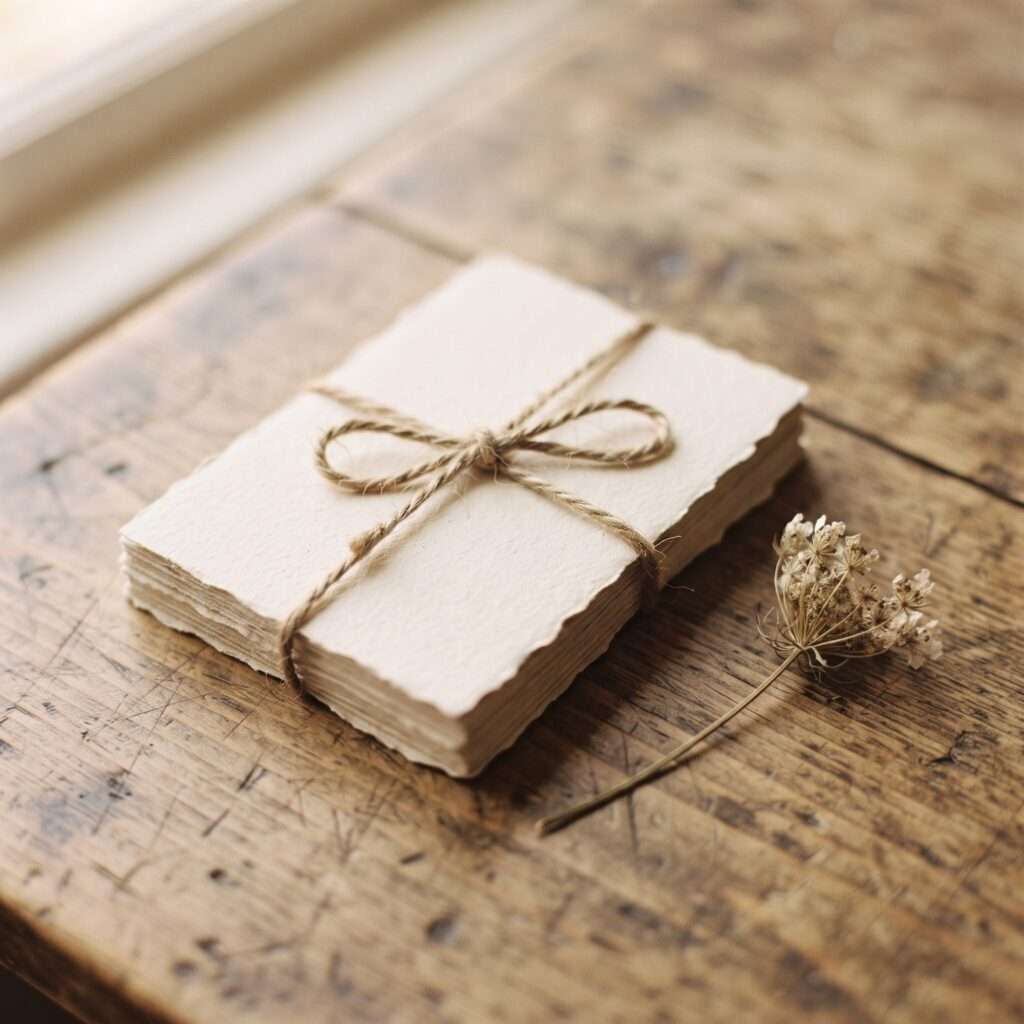 A small stack of handmade blank cards tied with twine, resting on a rustic wood table beside a dried Queen Anne's lace flower