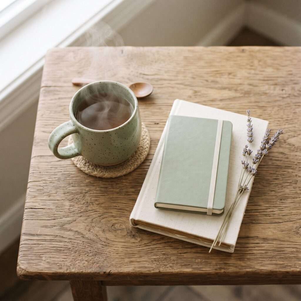 Overhead view of a steaming green speckled ceramic mug of tea, a wooden spoon, a sage-green cloth-bound journal, and a sprig of dried lavender on a rustic wood table by a window