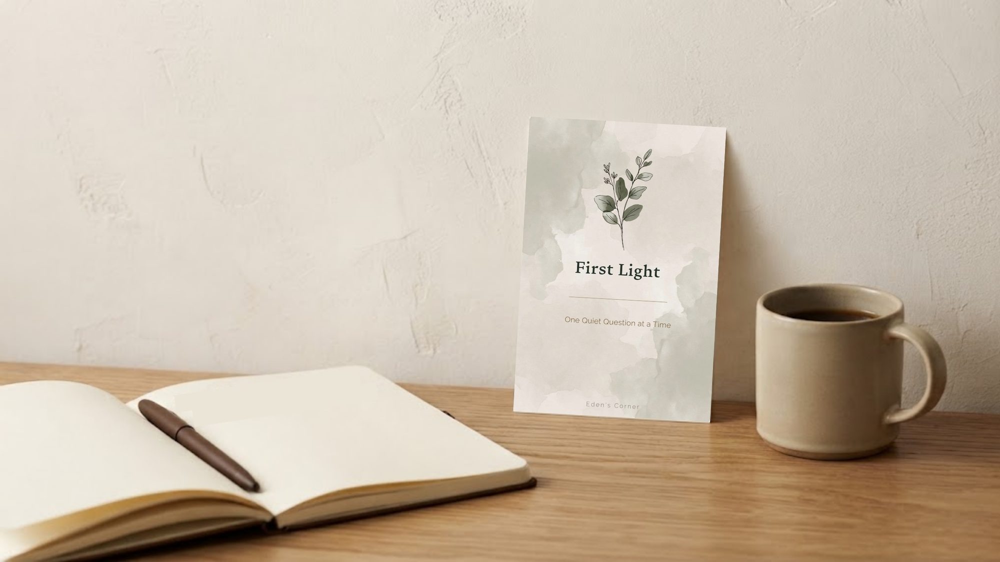 Printed First Light prompt card on a wood table beside an open notebook and a mug.