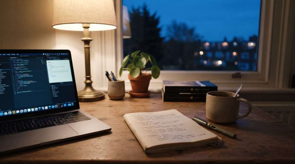 A dusk-lit desk with cold tea and a glowing laptop — a quiet image for ADHD hyperfocus and the moment focus finally breaks