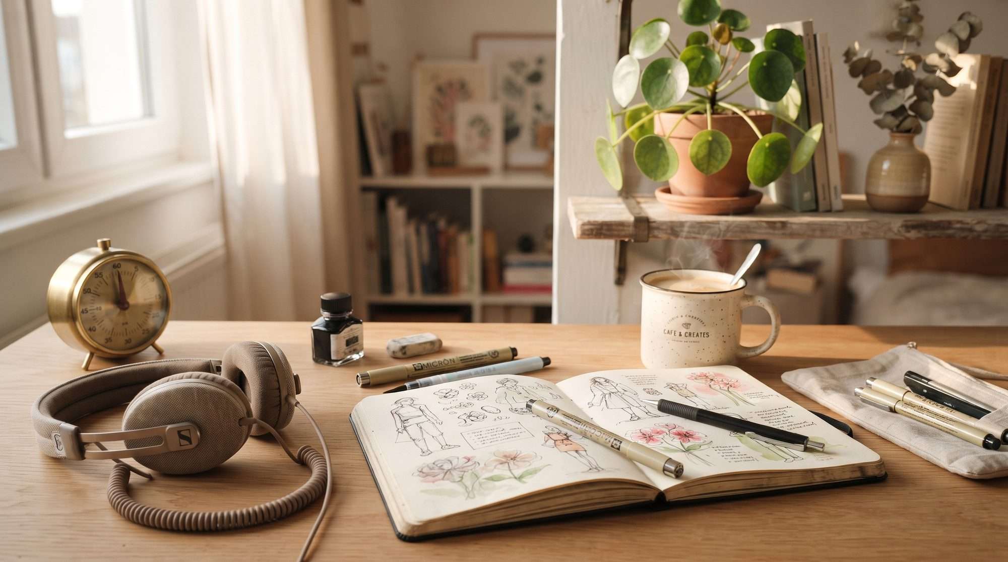 A cozy desk with sketchbook, pens, and coffee mid-delight — a quiet image for ADHD motivation and the interest-based nervous system