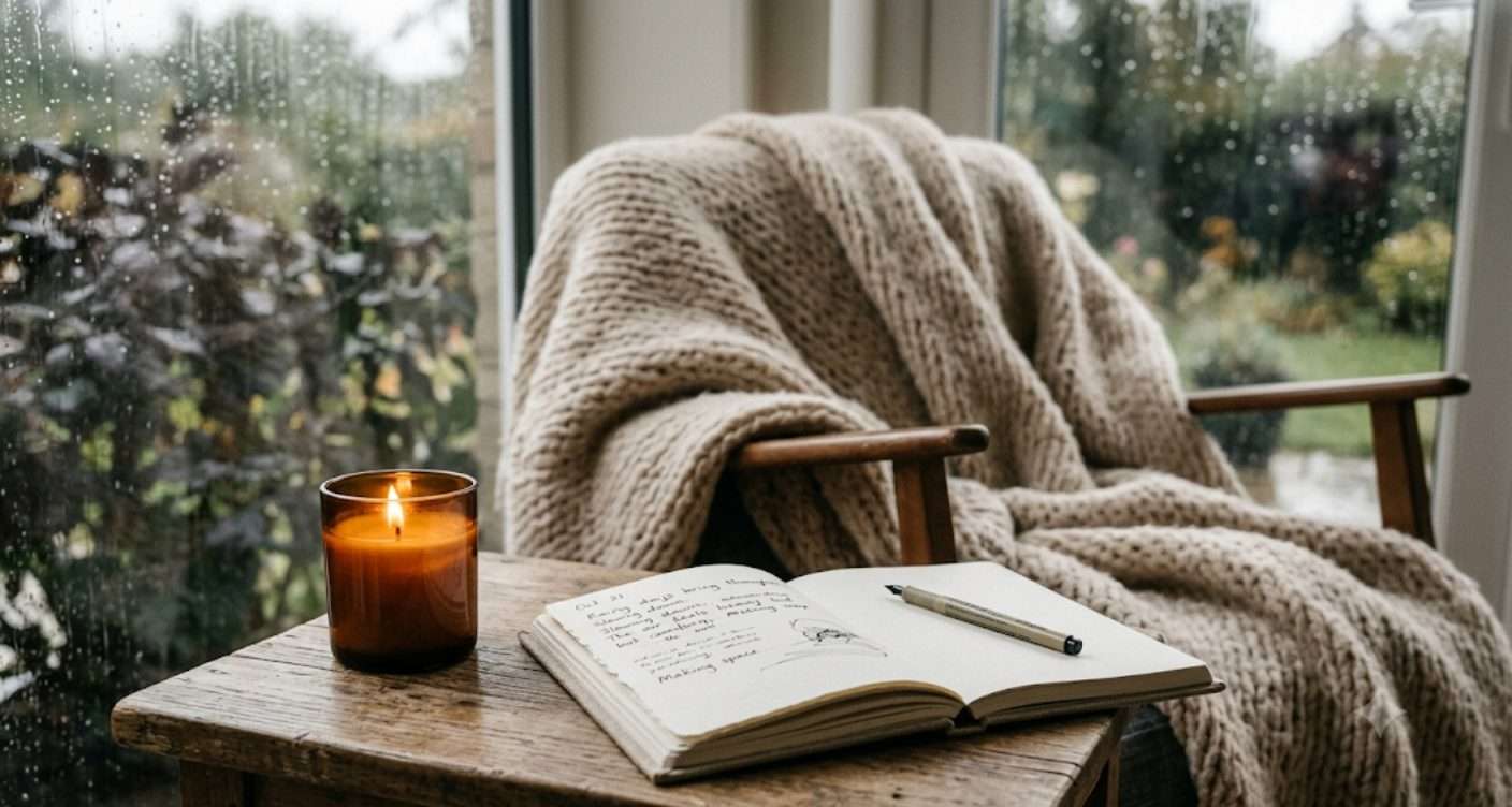 Cozy knit blanket draped by a rainy window, a quiet space for gentle self-compassion journaling