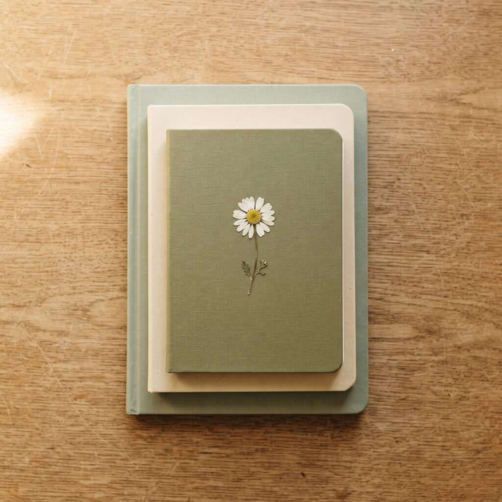 Overhead view of three stacked journals in sage green, cream, and pale green, the top one with a small pressed daisy on its cover, on a sunlit wood table