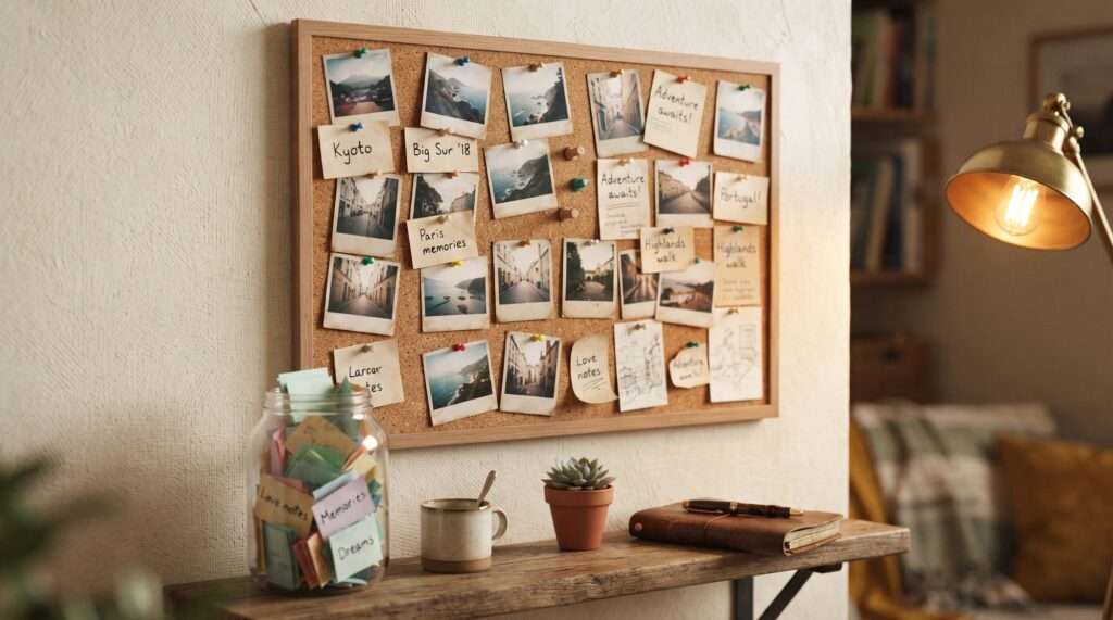 Object permanence — a corkboard pinned with small photos of faraway places, keeping people close even when they're out of sight.