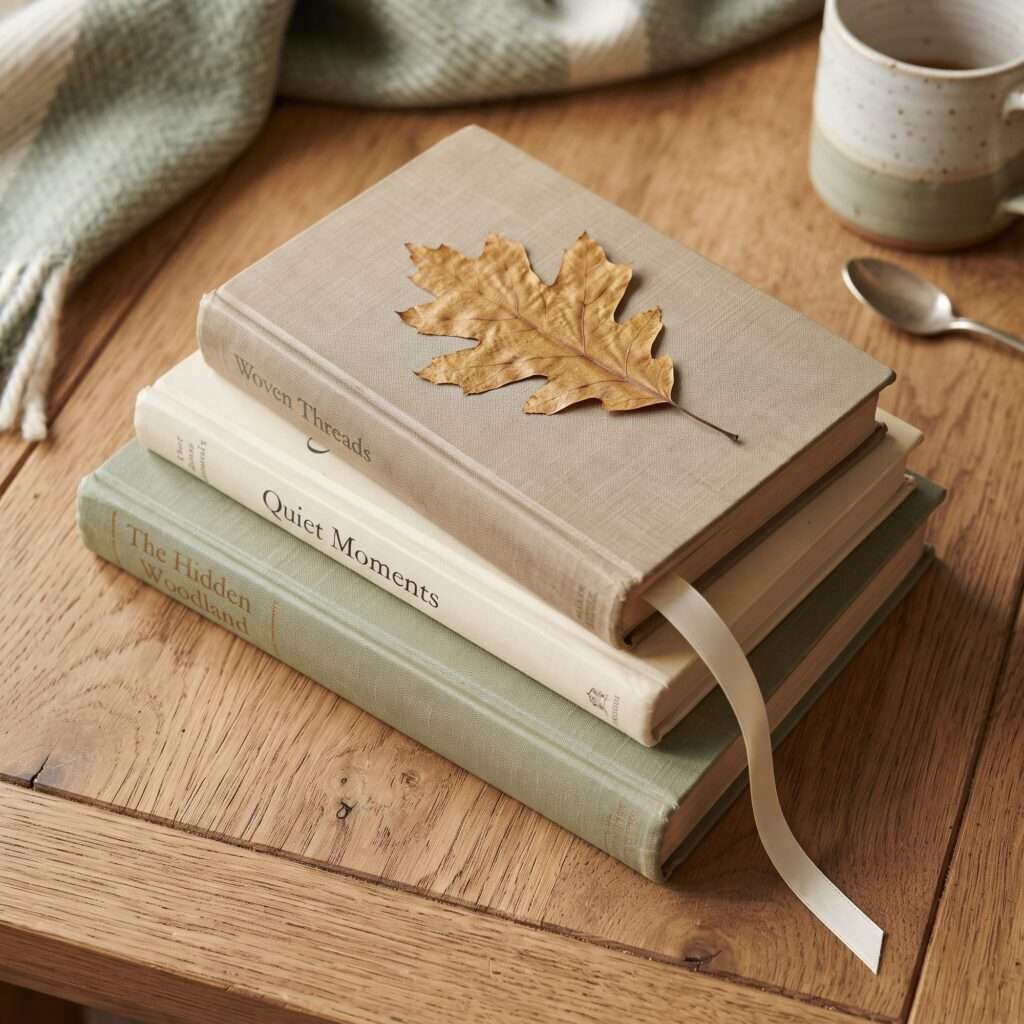 A stack of three vintage hardcover books titled "Woven Threads," "Quiet Moments," and "The Hidden Woodland," with a dried oak leaf and cream ribbon bookmark on top, beside a speckled mug of tea