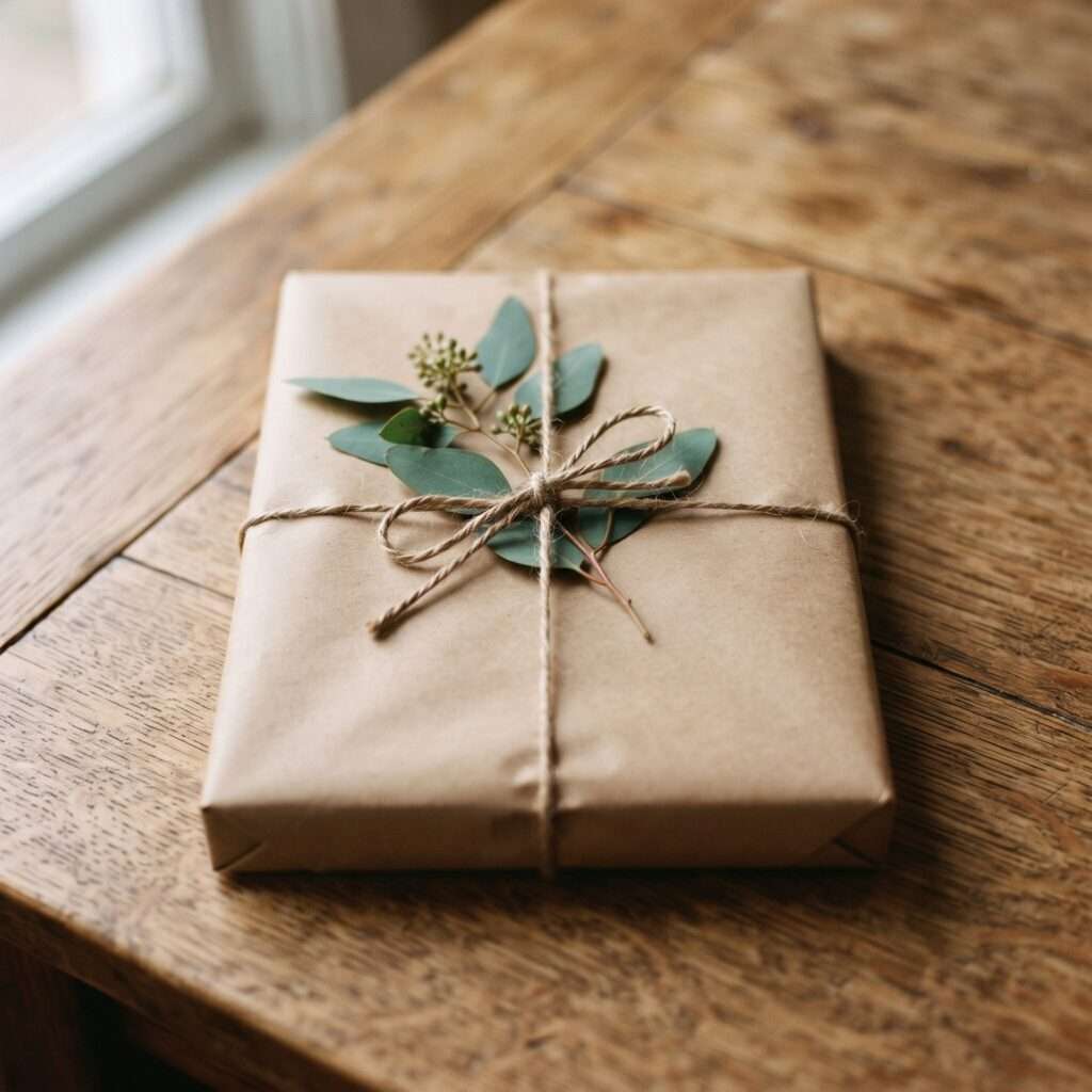 A gift wrapped in brown kraft paper, tied with twine and a sprig of eucalyptus, resting on a wood table by a window