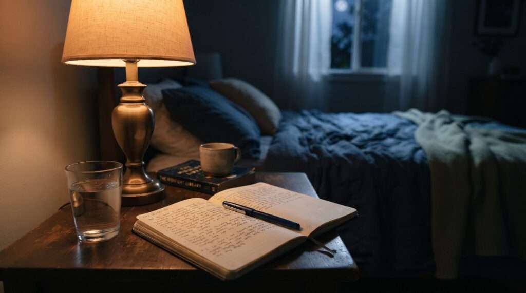 A midnight nightstand with a lamp, notebook, and water glass — a quiet image for ADHD sleep problems and the exhausted-but-wired feeling
