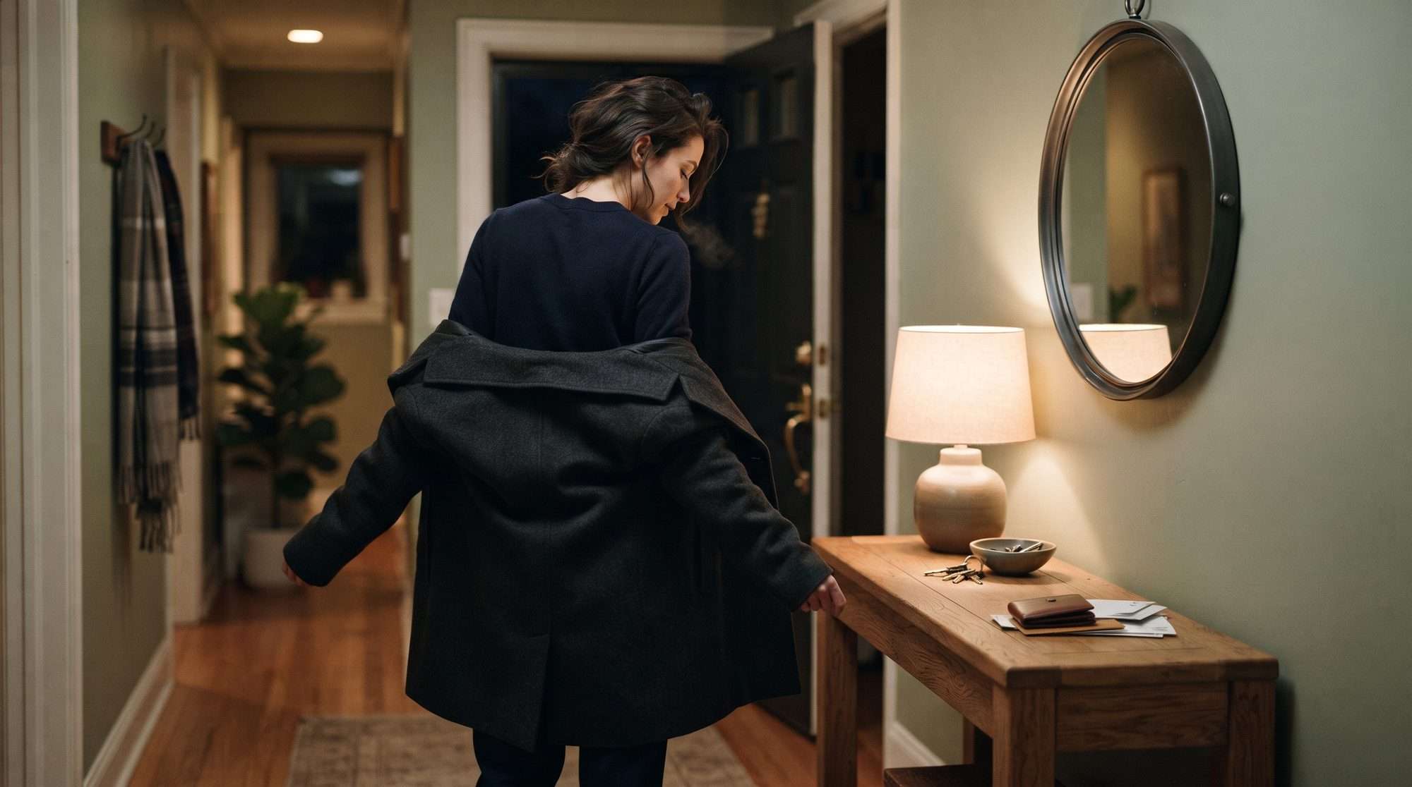 A woman exhaling just inside her front door, coat half off — a quiet image for neurodivergent exhaustion and the relief of finally being unseen