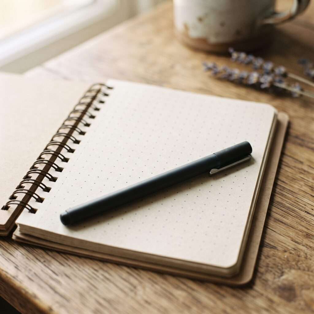 A spiral-bound dot-grid notebook lying open with a black pen resting across the page, a speckled mug and dried lavender sprig in the background