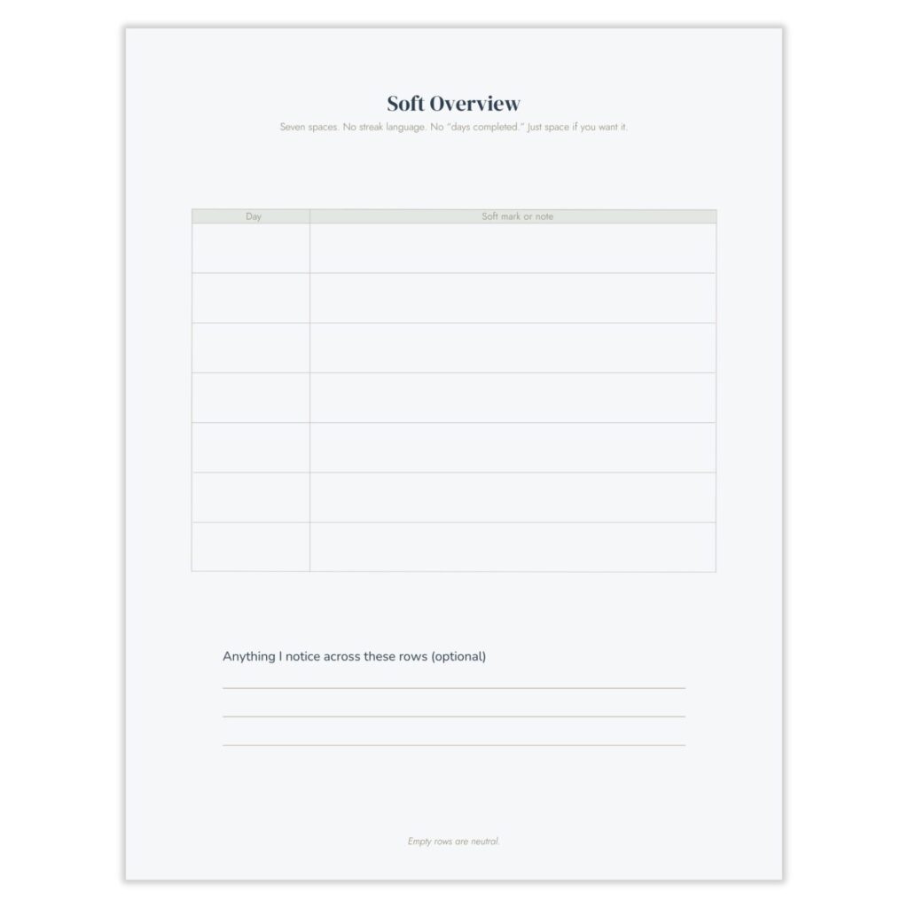 Soft Overview printable weekly table with seven day rows for a soft mark or note each day, no streak tracking, plus space to jot anything noticed across the week.