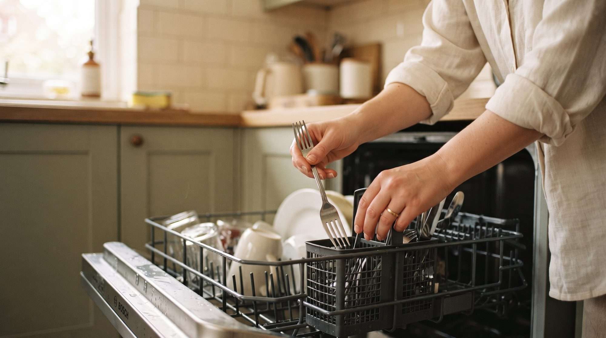 Task paralysis — a single fork being placed into an open dishwasher rack, one small step counting as enough.