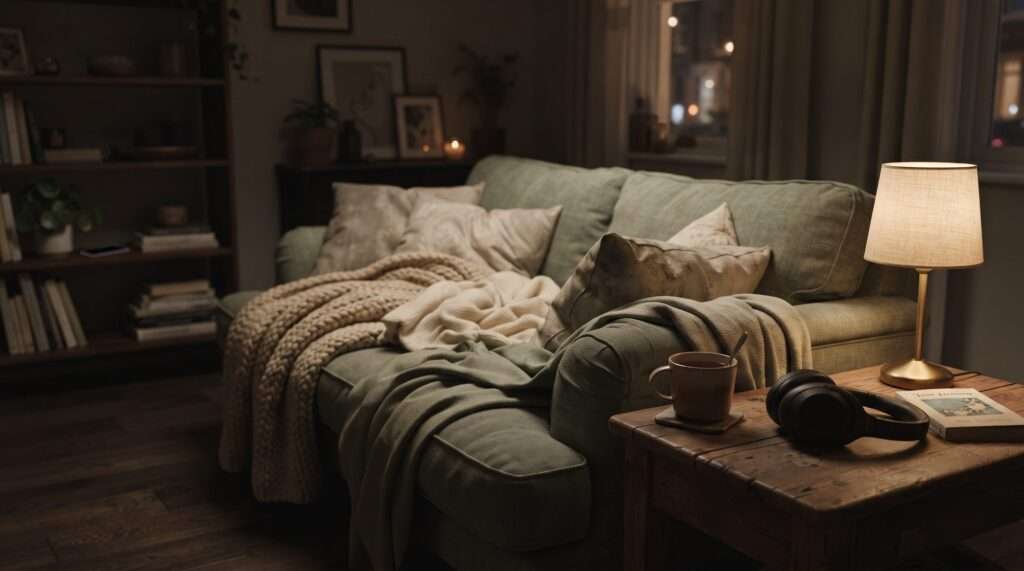 A dim cozy living room with blankets, tea, and headphones after a social evening — a quiet image for recharging a social battery that's wired differently